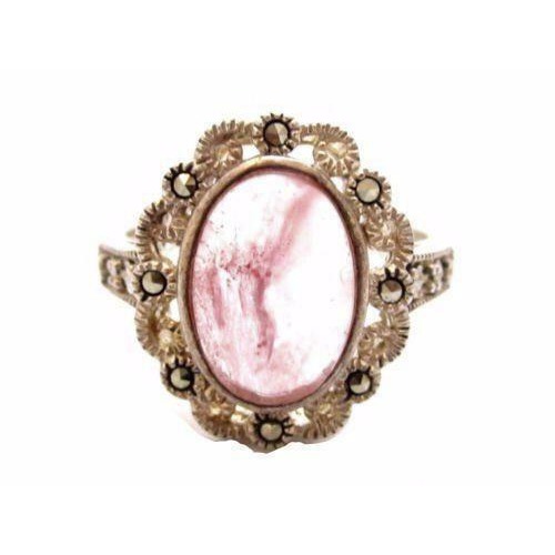 Pink Oval Cabochon & Marcasite Rhinestone Sterling Silver Ring*Size 9.25